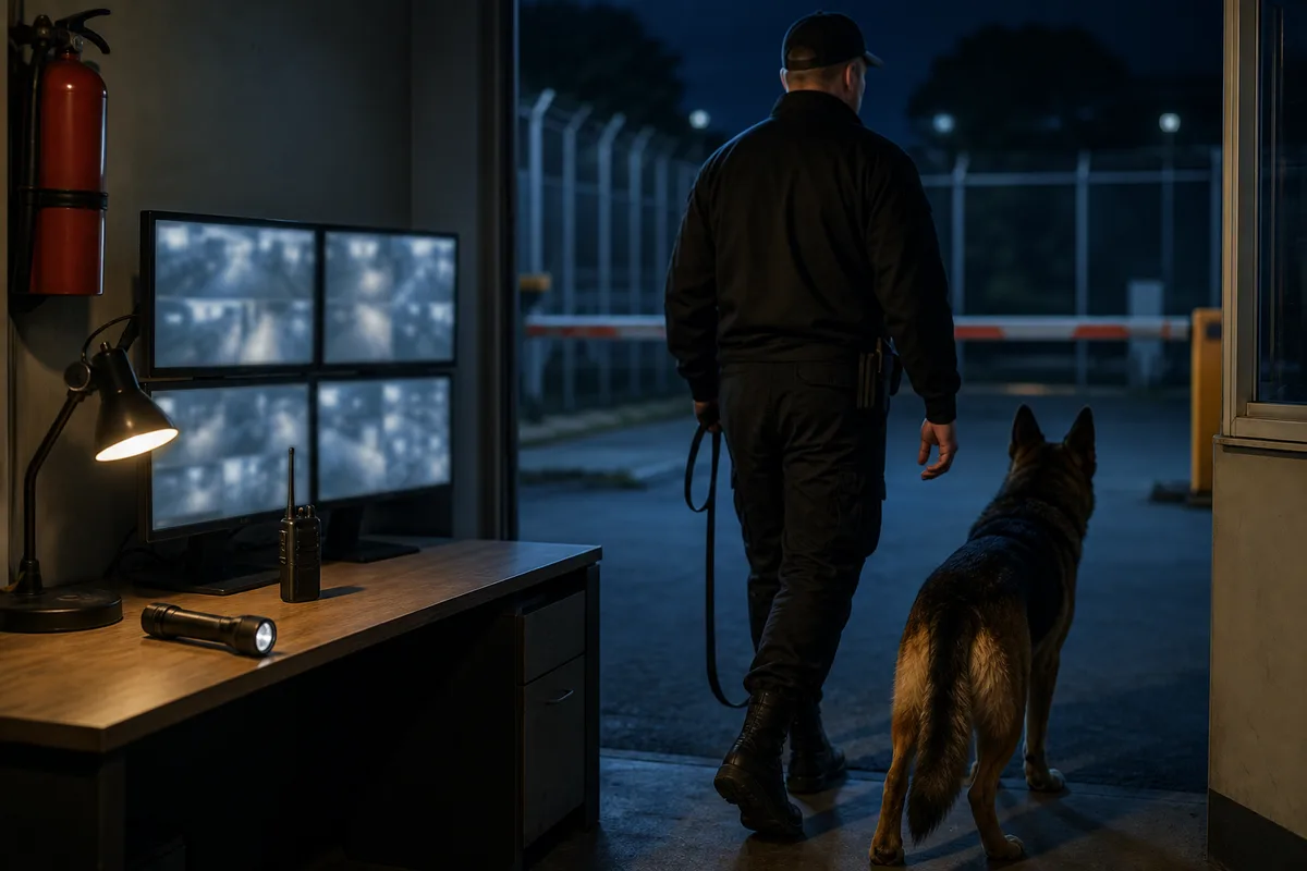 Agent de sécurité cynophile en ronde de nuit avec son chien tenu en laisse