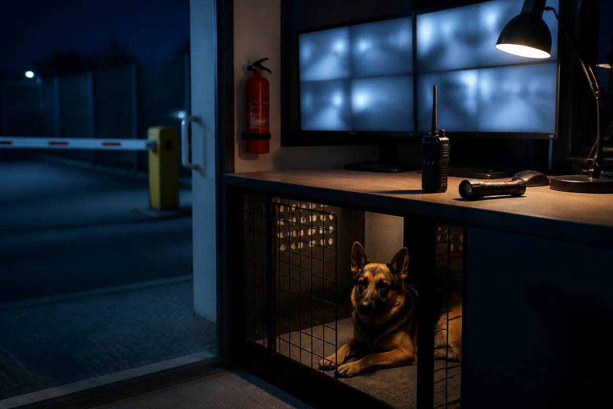 Chien de sécurité au repos dans un box de chenil ventilé