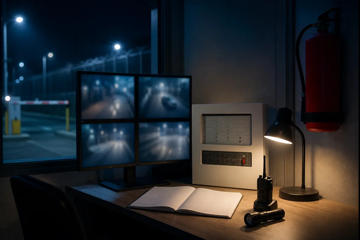 Poste de sécurité incendie avec tableau de report d&rsquo;alarme et registre ouvert