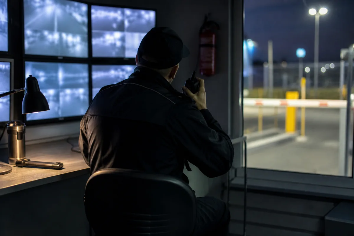 Agent de sécurité en tenue distinctive contrôlant l’accès d’un site industriel