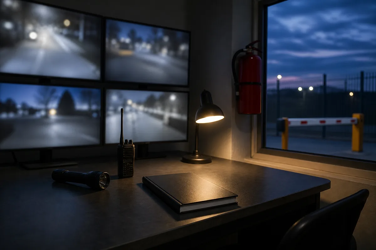 Poste de garde éclairé à l’entrée d’un site industriel la nuit avec une barrière levante abaissée