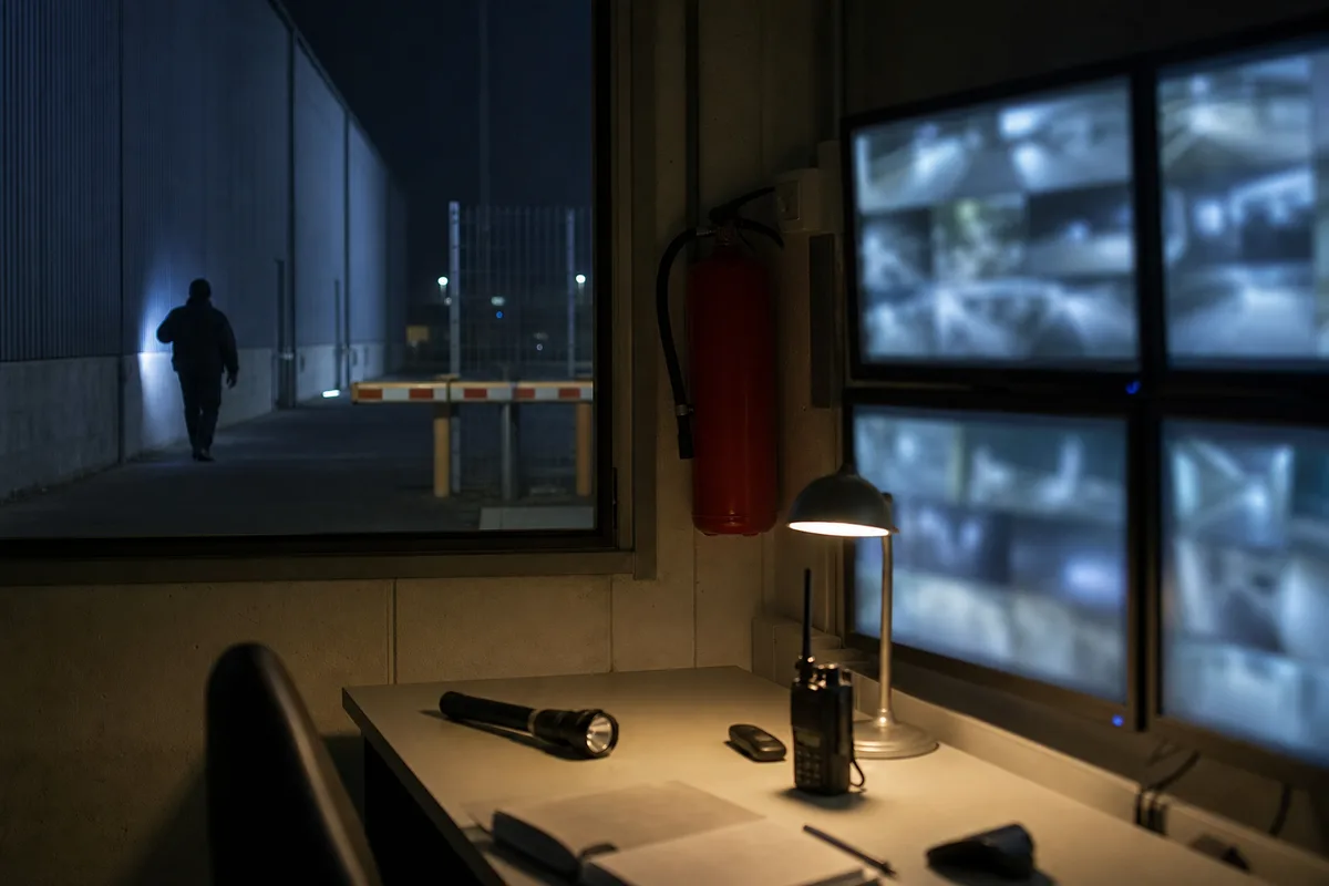 Agent de sécurité effectuant une ronde nocturne avec une lampe torche le long d’un entrepôt