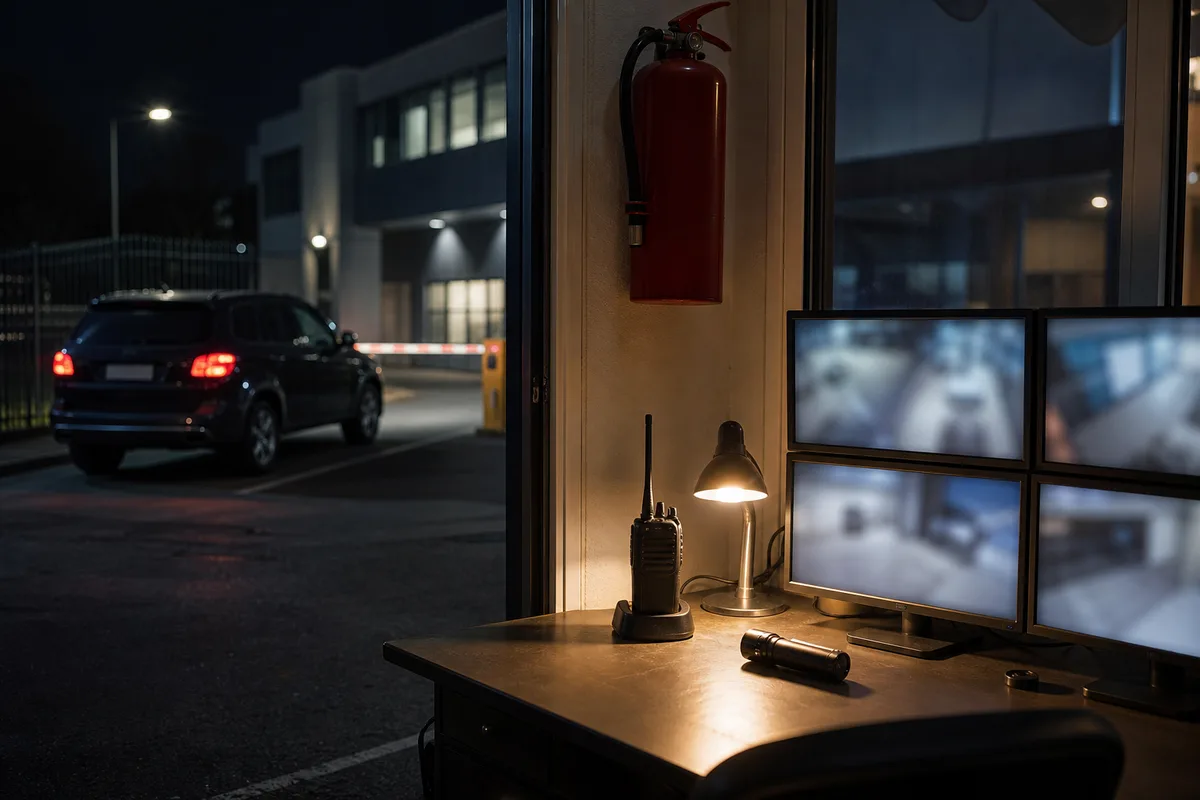 Véhicule d’intervention de sécurité stationné devant un bâtiment professionnel de nuit